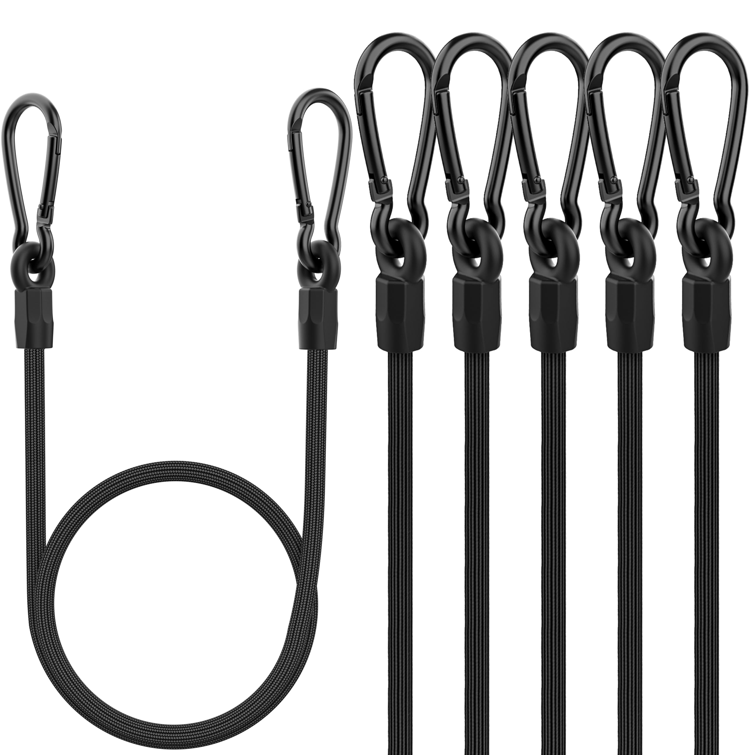 Bungee Cords, 60 cm Upgrade Heavy Duty Bungee Cords with Carabiner Clips 6 Pack, High Strength Black Bungee Rope Elastic Cords with Hooks for Camping, Tarpaulin, Bike Rack, Tent, Car, Outdoor
