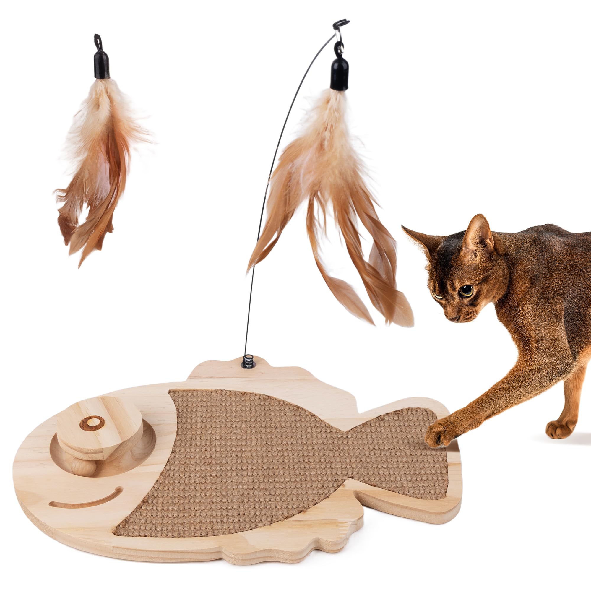 Photo 1 of Pawise Cat Scratcher,Fish Shaped Cat Scratcher Toy,Natural Sisal Cat Scratching Board with Feather Teaser and Wooden Roller Ball Toy,Interactive Cat Toy for Indoor Cats,Kittens,+Replacement Feather