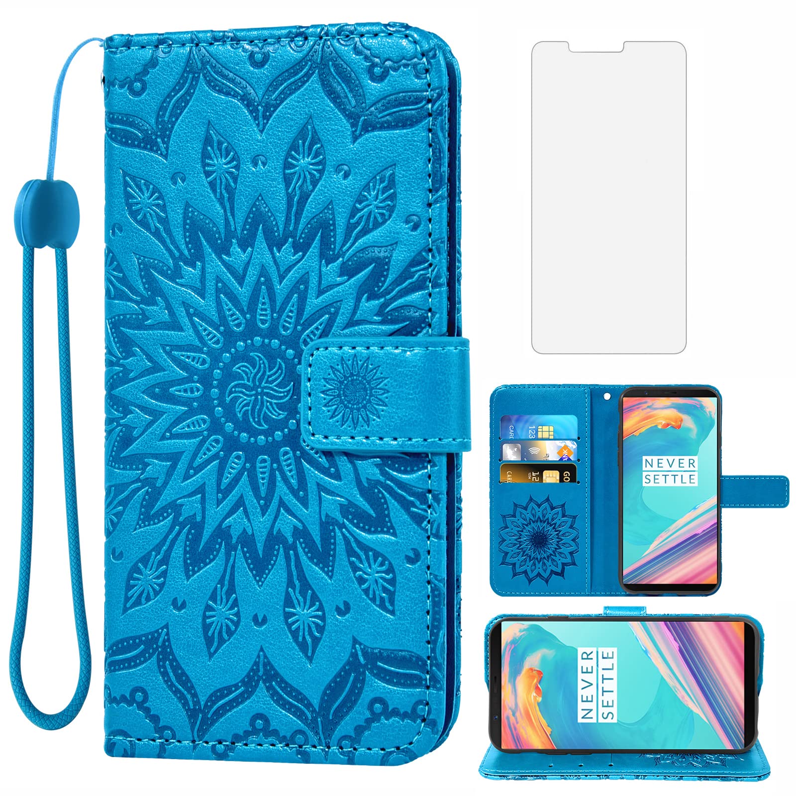 Phone Case for OnePlus 5T Wallet Cases with Tempered Glass Screen Protector Leather Slim Flip Cover Card Holder Stand Cell OnePlus5T A5010 One Plus5T 1 Plus T5 1plus One+ + 1+ 1+5T Women Men Blue — image 1