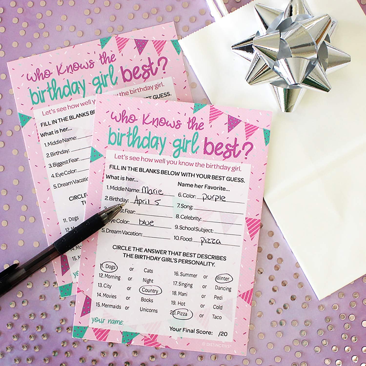Amazon Com Who Knows The Birthday Girl Best Girly Pink Purple Teal Sprinkles Theme 10 Game Cards Toys Games