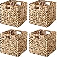 VK VK·LIVING Foldable Handwoven Water Hyacinth Storage Baskets Wicker Cube Baskets Rectangular Laundry Organizer Totes for Bedroom, Living Room,Nursery Room, Shelves, Pantry 4 Pack 11.8x11.8x11.8inch