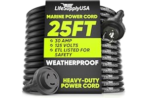 25FT Marine Shore Power Cord 30 Amp, NEMA L5-30P to L5-30R Twist Lock, 125V 10AWG SJTW Extension Cable with Lighted Connector