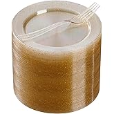 Goodluck 240PCS 7" Gold Glitter Dessert Plastic Plates with 7.4" Forks, Gold Appetizer Plates for 120 Guests, Including 120 Disposable Cake Plastic Plates and 120 Forks for Wedding/Birthday/Christmas