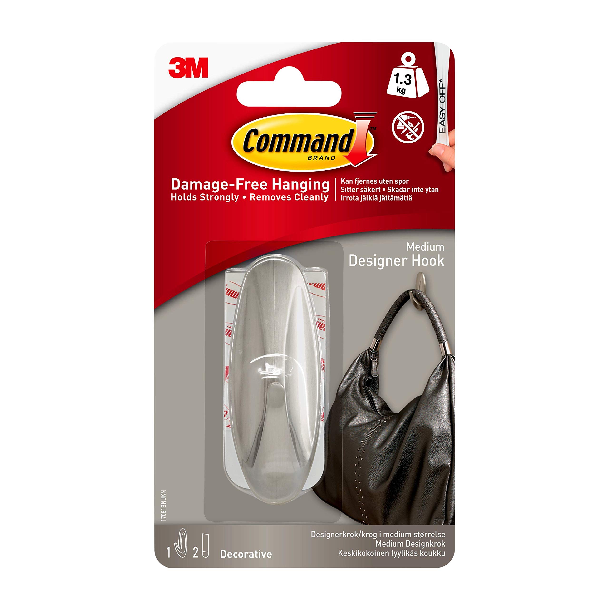 Command Medium Brushed Nickel Designer Hook, Indoor use - 1 Metal Medium Hook and 2 Adhesive Strips - Hang Jackets, Purses, Handbags, Backpacks, Hats, Scarves, Dog Leads - Organise Damage Free