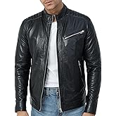 FINCHESCLUB Mens Leather Jacket Cafe Racer Motorcycle Jacket - Black Leather Winter Jacket for Men - Genuine Lambskin Leather