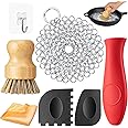 7 Pieces Cast Iron Cleaner Set Include Stainless Steel Chainmail Scrubber with Bamboo Dish Scrub Brush Hot Handle Holder 2 Pa