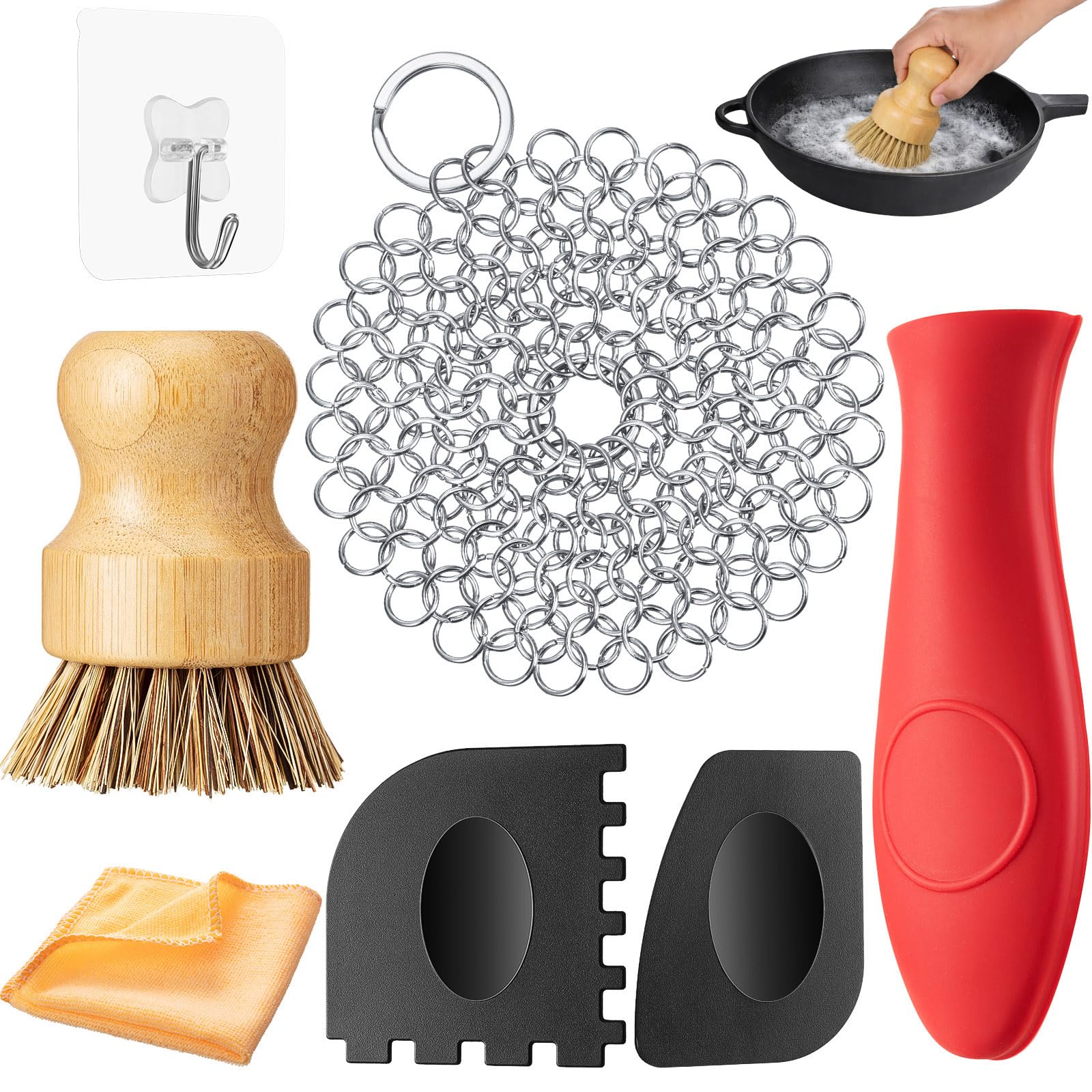 7 Pieces Cast Iron Cleaner Set Include Stainless Steel Chainmail Scrubber with Bamboo Dish Scrub Brush Hot Handle Holder 2 Pan Grill Scrapers Kitchen Towel Wall Hook
