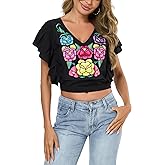 Women's Mexican Shirt Peasant Blouse Embroidered Tops V Neck Ruffle Flowy Sleeve Blackless Crop Top