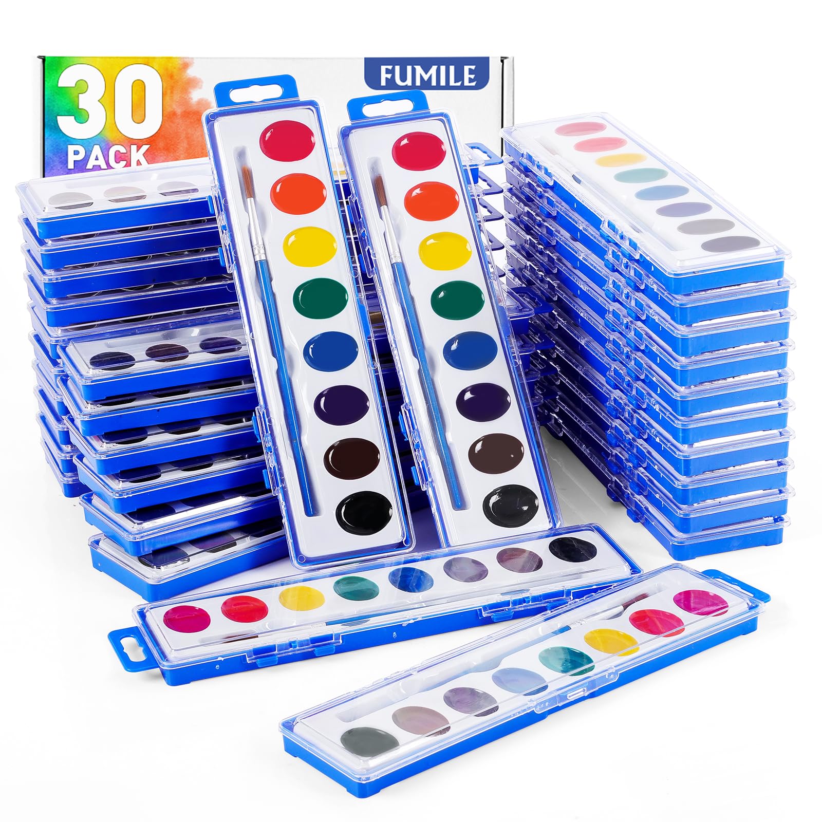 Photo 1 of FUMILE Watercolors Paint Set Bulk,30 Pack 8 Washable Bright Colors with Paintbrush.Watercolors Paint Set Kids for Parties,Art Lessons,Birthday Party Favor,valentines for kids classroom,All Ages.