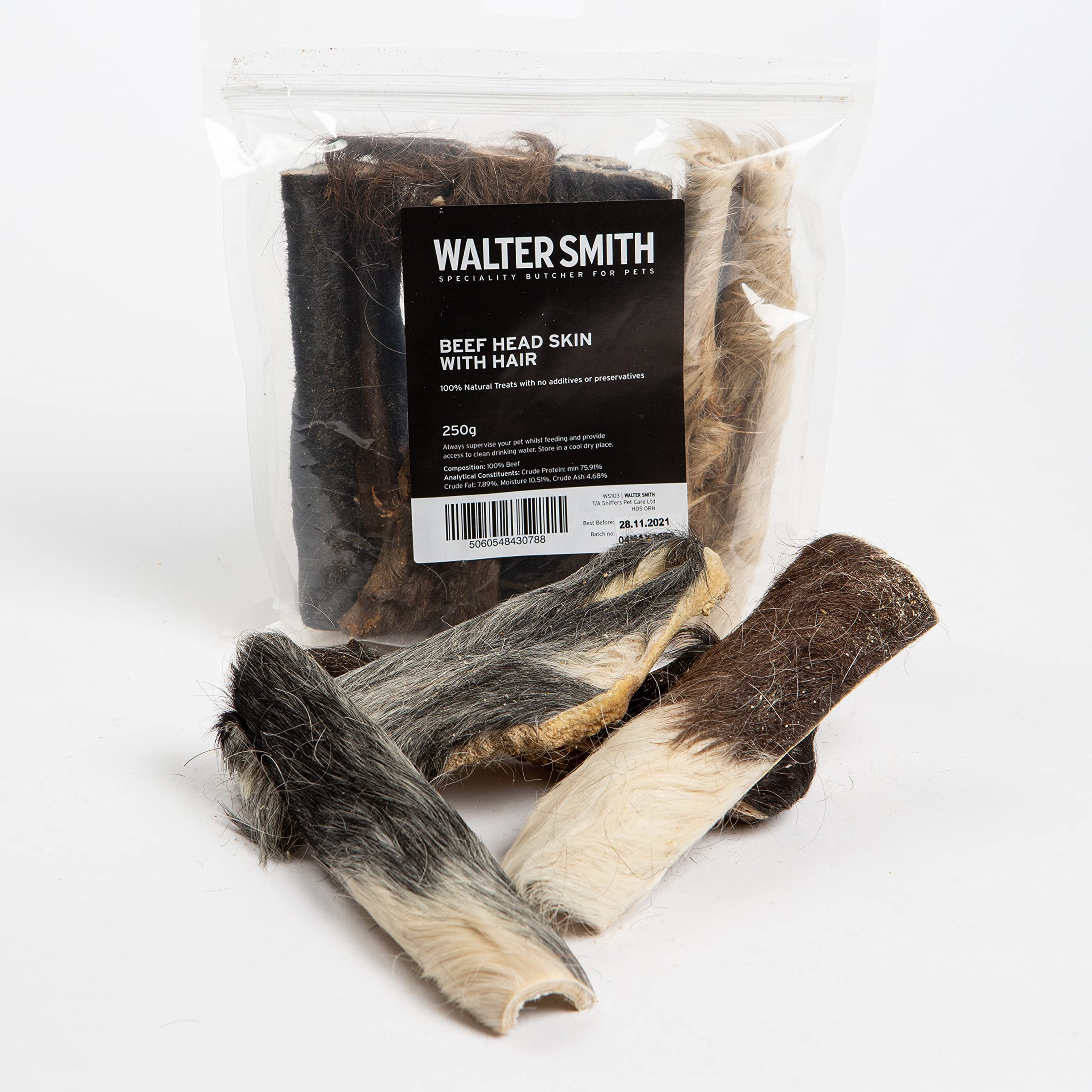 Walter Smith Natural Beef Head Skin With Hair 250g – 100% Natural Dog Treat – No Artificial Colours or Preservatives – Natural Dog Chew