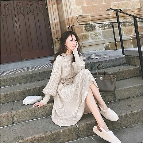 Amazon Co Jp 冬のかわいいドレス特大ニットセーター冬マキシルーススケーターファッションヴィンテージの女性の女性のドレスのために暖かいエレガント 色 White Size L ホーム キッチン