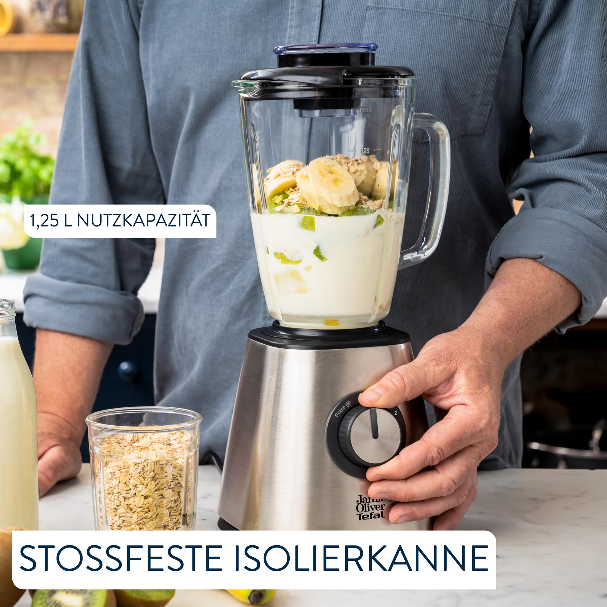 Jamie Oliver by Tefal Standmixer, benutzerfreundlich, 800 Watt Leistung, robuster Thermoglas-Behälter (1,25 L Nutzinhalt), Crushed-Ice-Funktion, 5 Geschwindigkeitsstufen, Mixer, Edelstahl, BL43J810 4