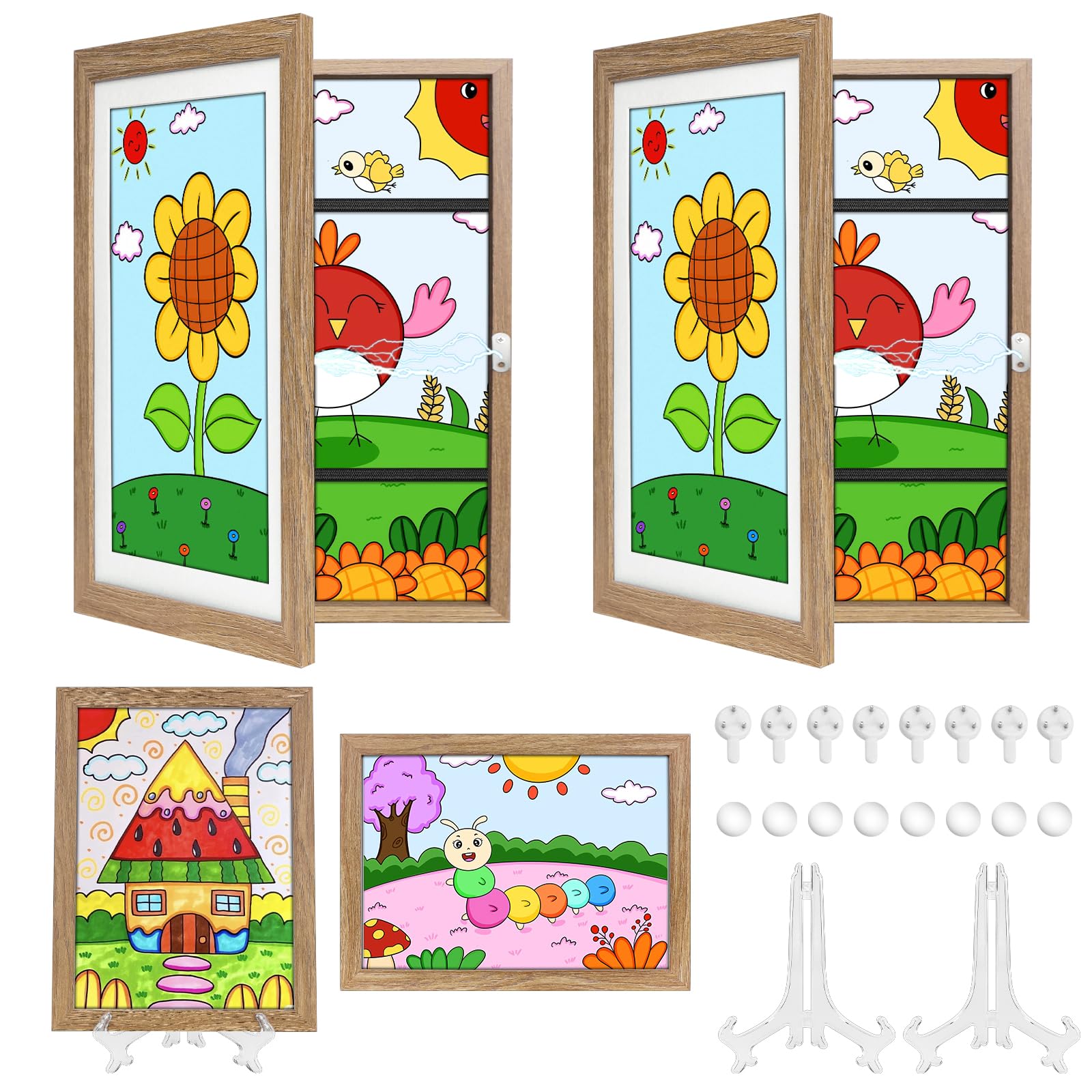 SelfTek Artwork Display Frame, 2 Pack Art Frames Front Opening A4 Wooden Storage Picture Frame with Stand for 150+ Pictures s Artwork Display, Wood