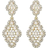 BriLove Wedding Bridal Simulated Pearl Earrings for Women Crystal Hollow Rhombus Chandelier Dangle Earrings for Party Prom Accessories