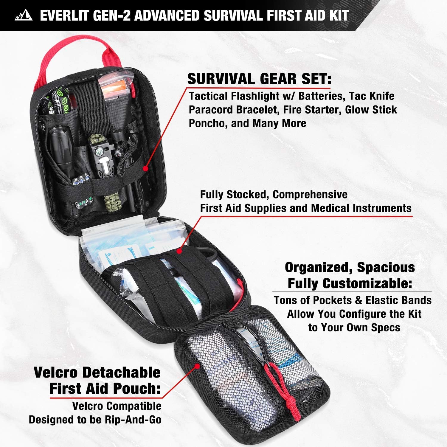 Everlit Survival Upgraded Survival First Aid Kit Emergency Gear Trauma Kit with 1000D Nylon Laser Cut Tactical EMT Pouch for Outdoor, Camping, Hunting, Hiking, Earthquake, Home, Office (Black): Health & Personal Care