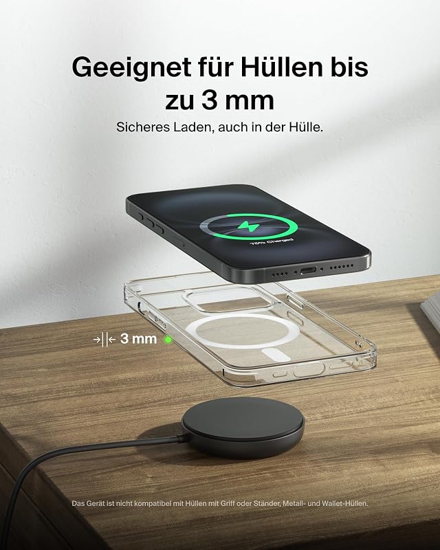 Magnetisches Kabelloses Ladegerät (15W) mit Ständer – zertifiziertes MagSafe Ladegerät, Qi2 Ladestation für iPhone 16, 15, 14, Samsung Galaxy S25, S24, AirPods usw. (mit Netzteil) – Schwarz