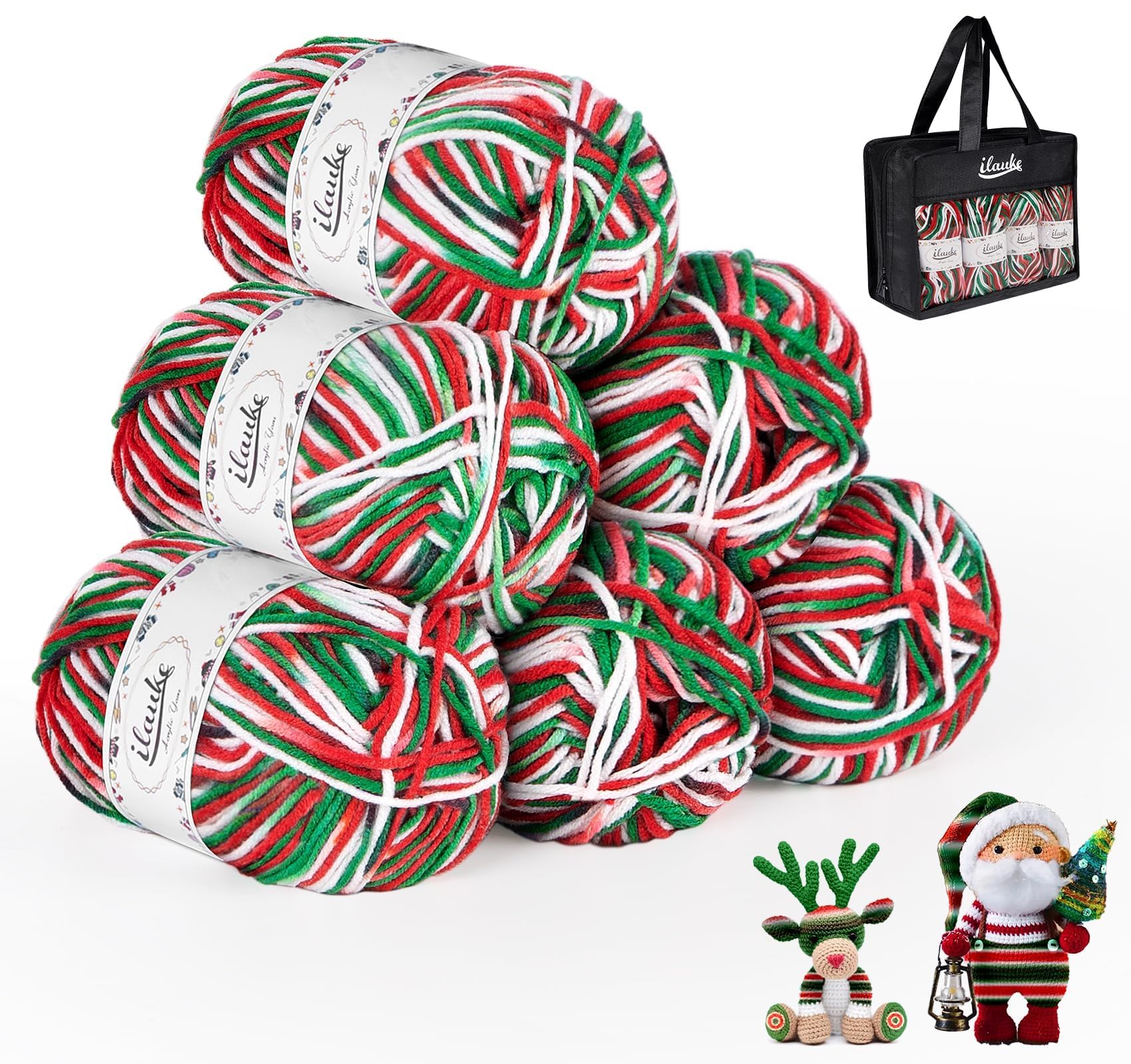 Crochet 6x50g 4-Ply Yarn With Carrying Bag - Christmas Wool Packs for Xmas Gift Dolls, DIY Crafts, Blanket - Red, Green & White