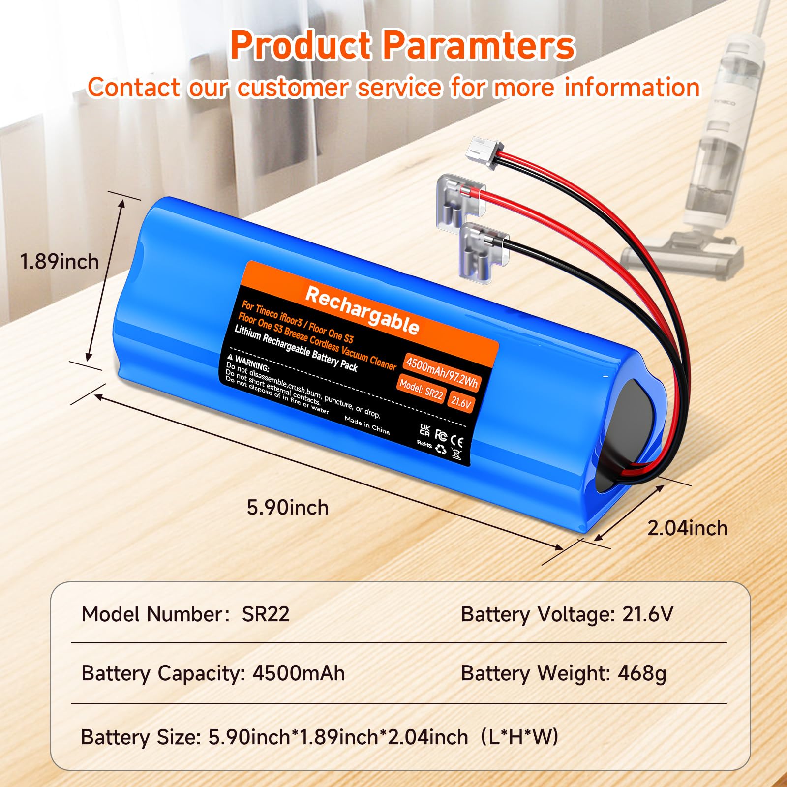 4500mAh/21,6V Nass-Trockensauger Akku für Tineco Floor ONE S3, Floor ONE S3 Breeze Cordless Wet Dry Vacuum Cleaner Batterie Lange laufzeit (1 Akku + 1 Pinsel + 3M-Klebeband) 6