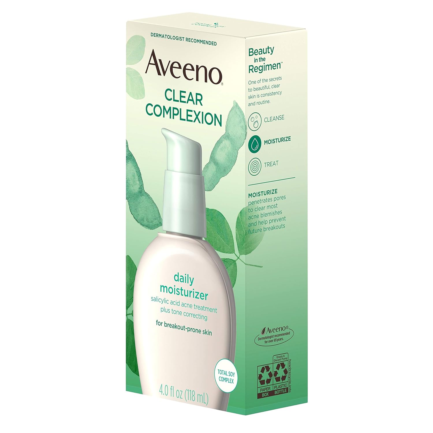Aveeno Clear Complexion Salicylic Acid Acne-Fighting Daily Face Moisturizer with Total Soy Complex, For Breakout-Prone Skin, Oil-Free and Hypoallergenic, 4 fl. oz: Beauty