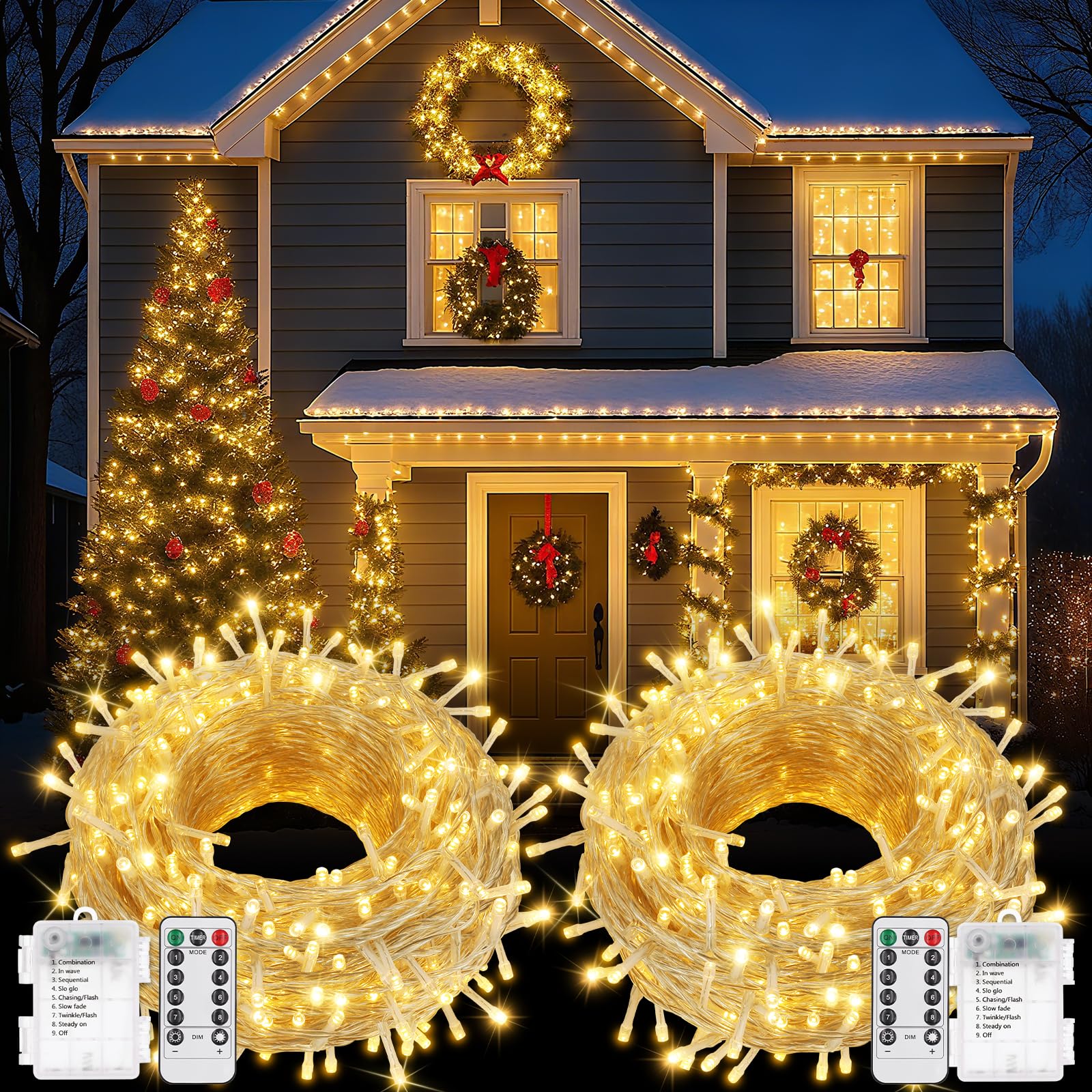 Photo 1 of SFNDOU 2Pack Christmas Lights Outdoor Battery Operated String Lights with Remote, Total 400LED 135Ft with Timer 8 Modes Waterproof Outdoor Indoor for Christmas Tree Decor, Warm White