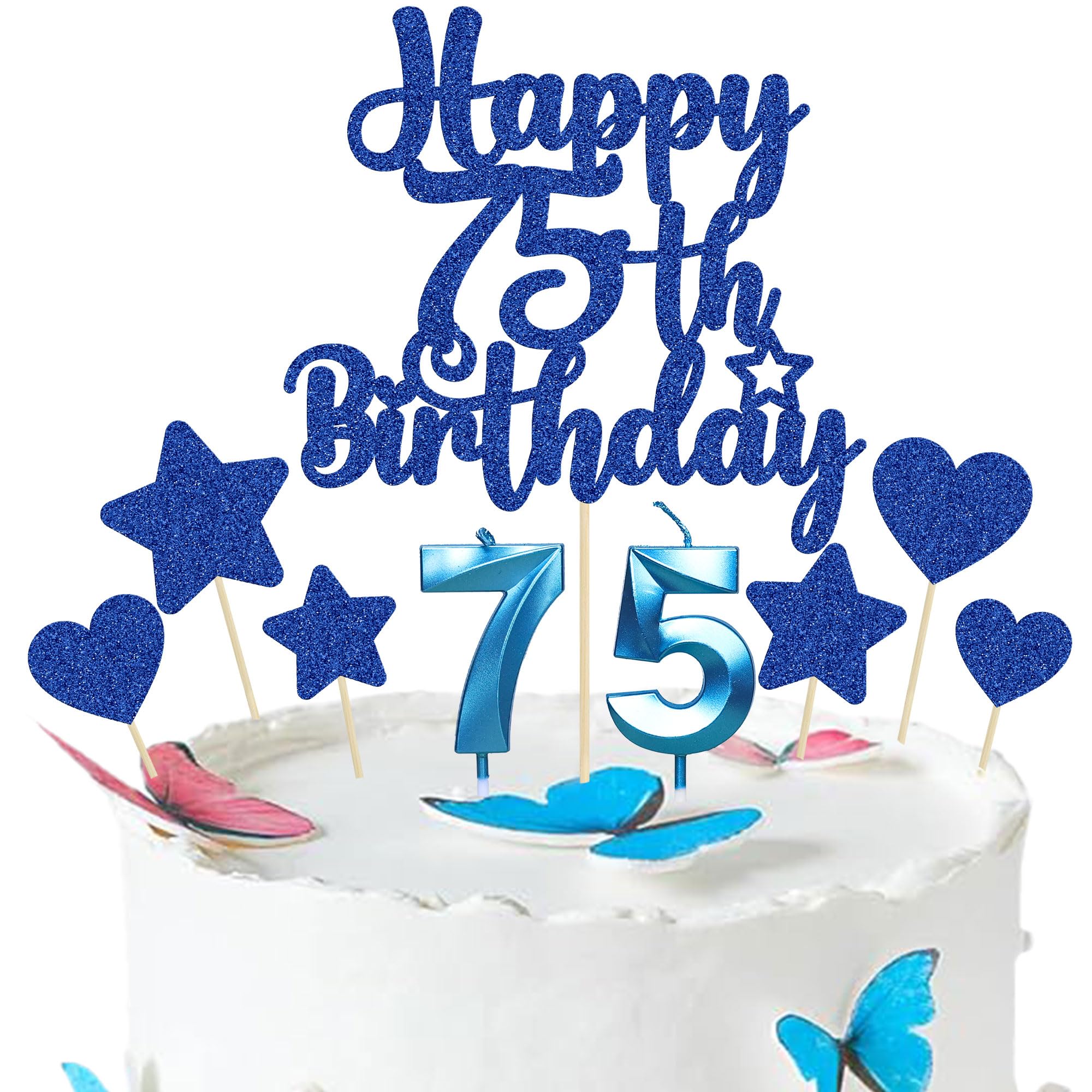 Gyufise 15Pcs Happy 75th Birthday Cake Topper Set with Heart Star Glitter Cheers to 75 Years Cake Picks Number 75 Candles Cake Decorations for Happy 75th Birthday Anniversary Party Supplies Blue โ image 1