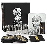Death Decor Gothic Skull Shot Glass Gift Set – 4 Shot Glasses (1 oz), Black Skull Coasters, Waterproof Playing Cards & 30 Napkins in Edgy Black Gift Box