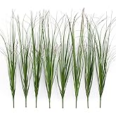 LUZOGA 8 Bundles Artificial Grass Plants Outdoor Tall Faux Shrubs Greenery Stems Fake Onion Grasses Wheat Grass UV Resistant Faux Bushes Plant for Garden Indoor Office Home Decor（Red-Tipped Green）