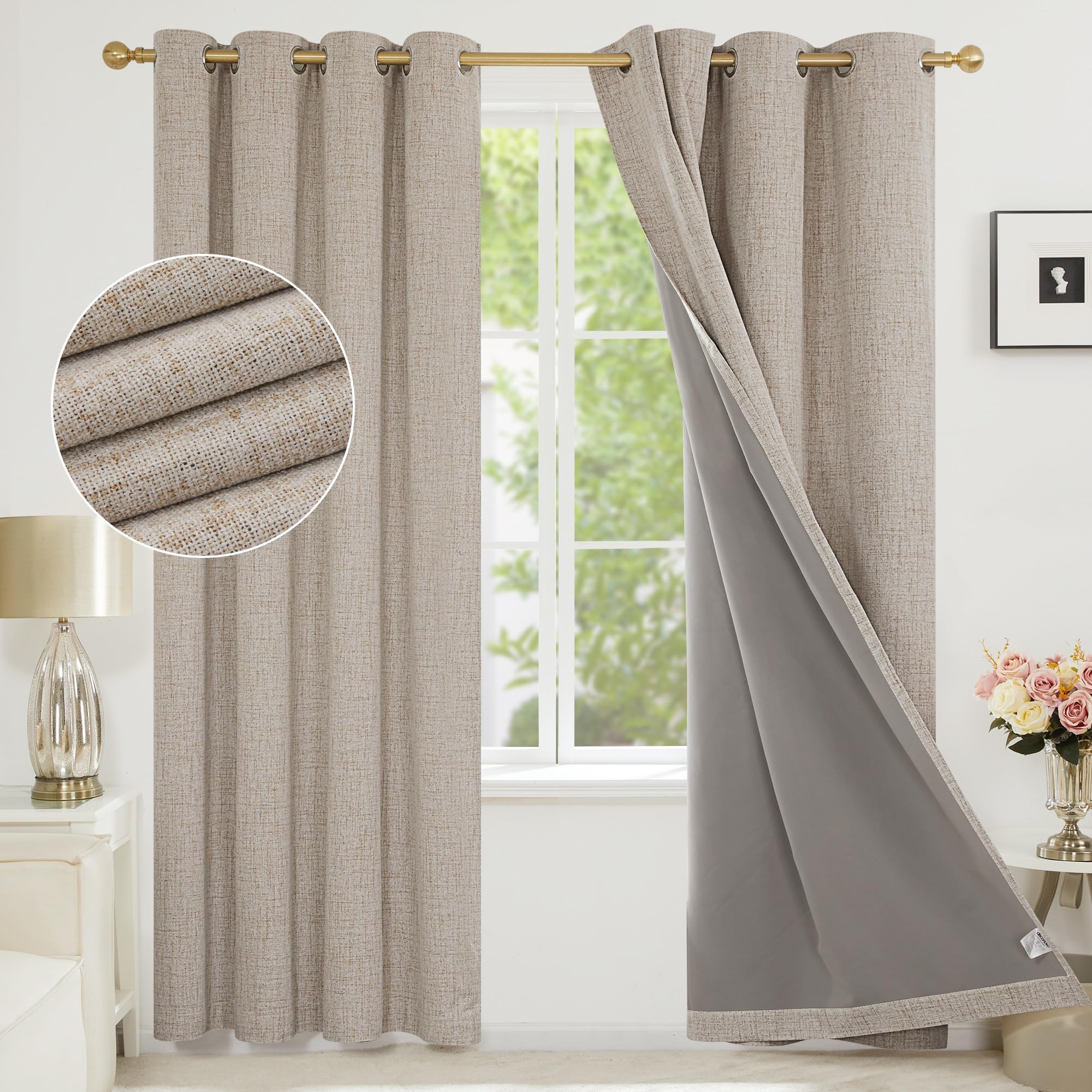 Deconovo Faux Linen Full Blackout Curtains Eyelet 84 Inch Drop, Door Themal Curtains with Coating Back Layer for Living Room, 52 x 84 Inch(Width x Length), Taupe, One Pair