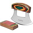 Amhoo Pizza Cutter Chef Mezzaluna Ulu Knife Handle Color Wood Grip Sharp Rocker Slicer Stainless Steel Blade Salad Onion Vegetable Chopper with Holder Base Christmas Gifts