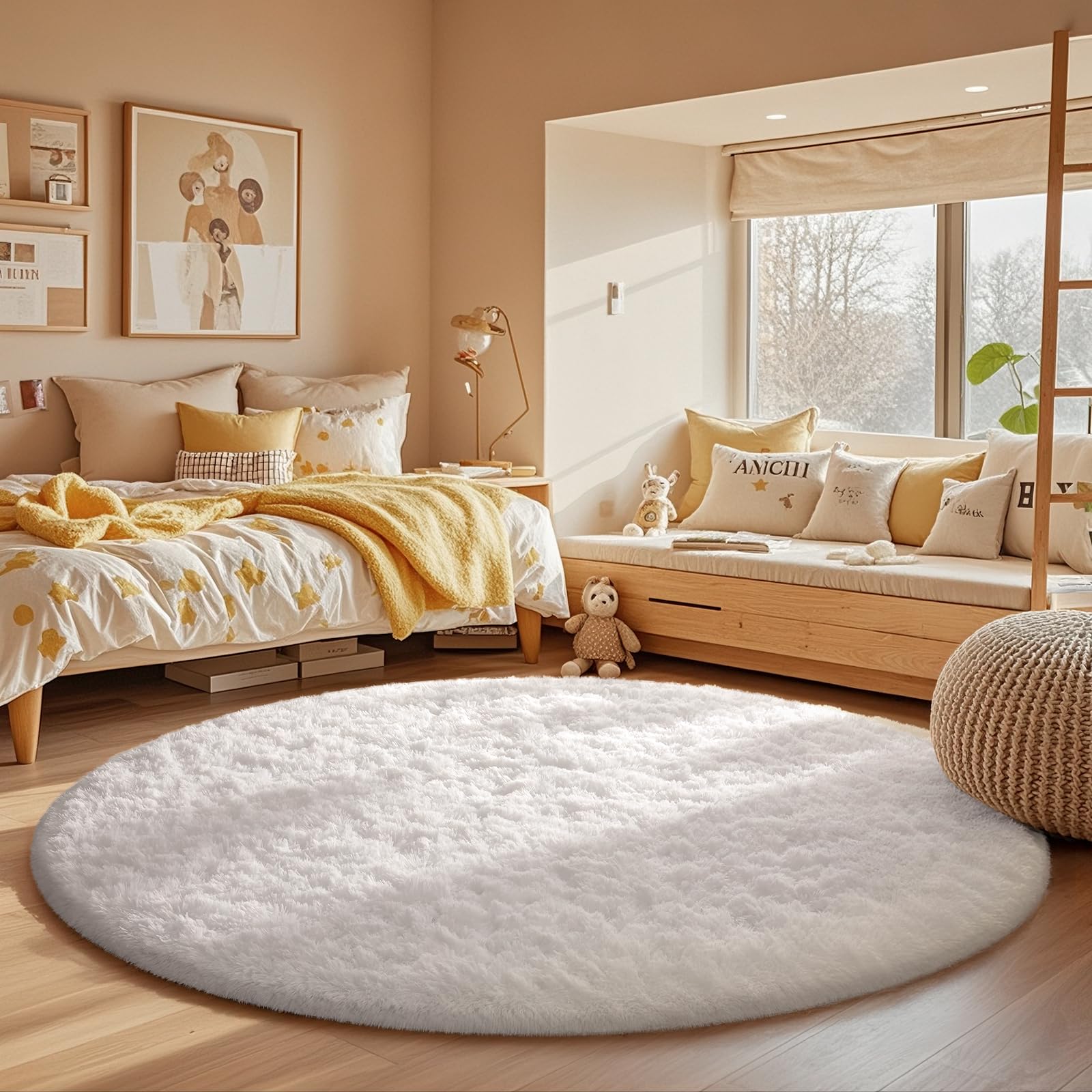 Photo 1 of Ophanie Round Rug 5Ft White Circle Area Rug, Aesthetic Room Decor, Fluffy Fuzzy Bedroom Carpet, Plush Soft Shaggy Living Room Rugs for Kids Home Decor, Nursery