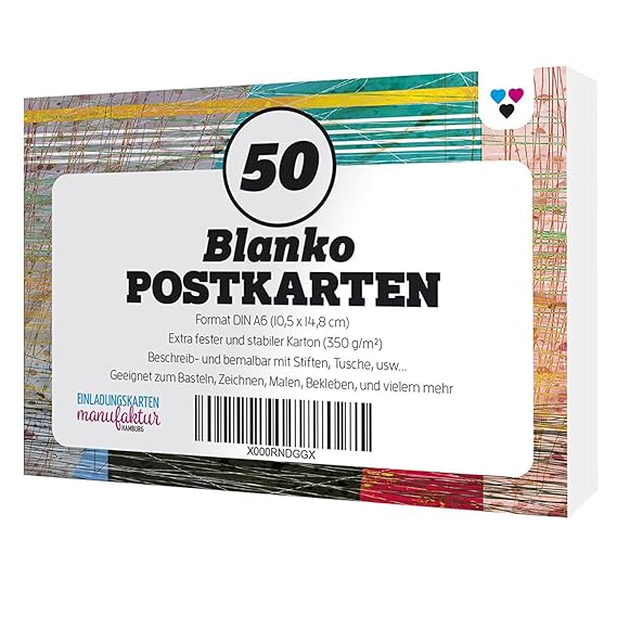 50 Blanko Postkarten/Karton weiß, extra fest (350 g/qm) / DIN A6 Format/Schnell trocknend/Be-malen/Zeichnen/Schreiben / 50 Ka