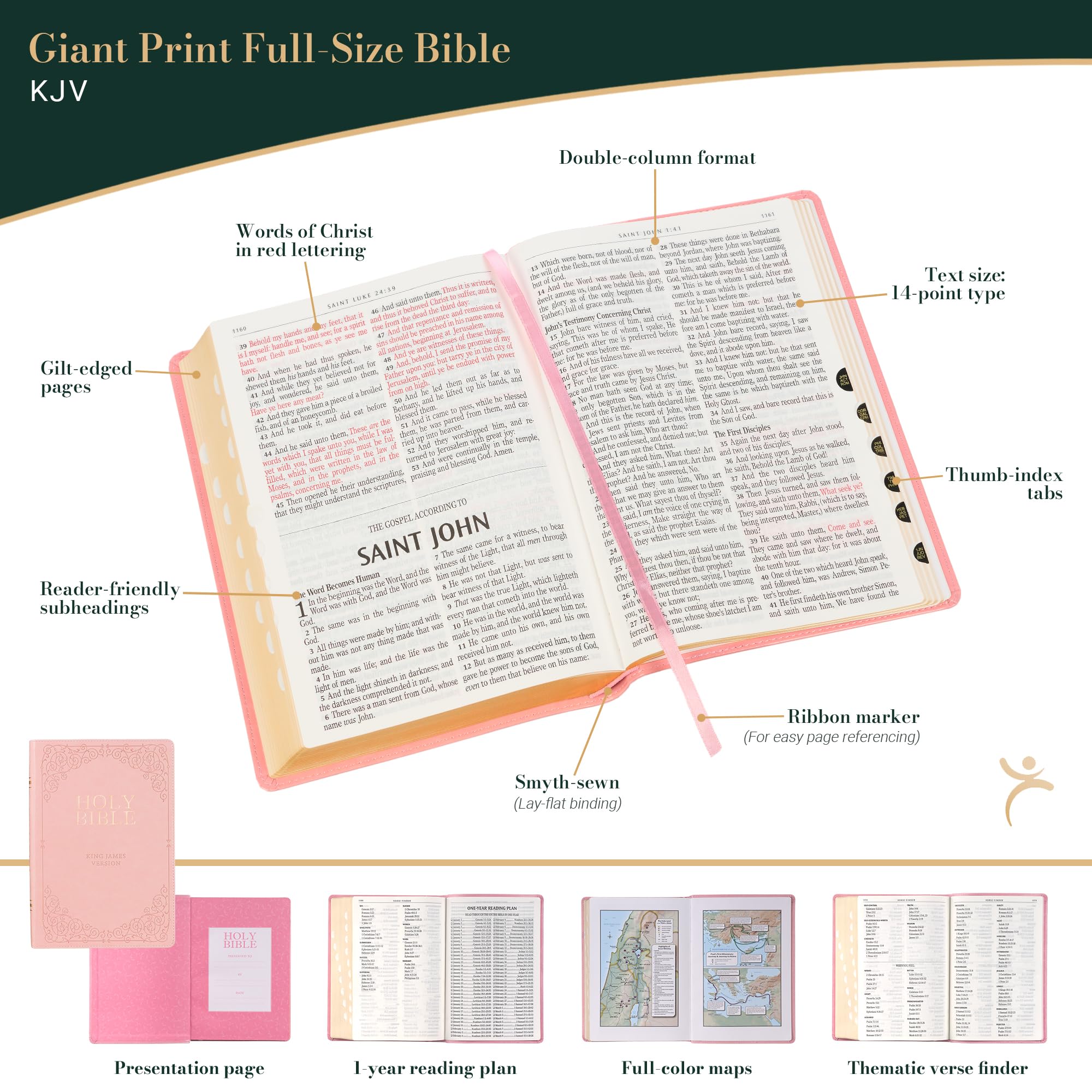 KJV Holy Bible, Giant Print Full-size Faux Leather Red Letter Edition - Thumb Index & Ribbon Marker, King James Version, Pink (KJV Full Size GP Editions)