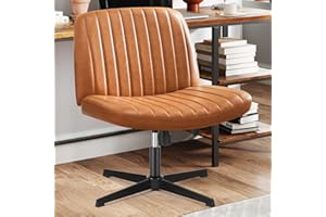 Sweetcrispy Criss Cross Chair Legged, Armless Office Swivel Desk Chair No Wheels, Vanity Height Adjustable Wide Seat Faux Leather Computer Task Seating for Home Bedroom