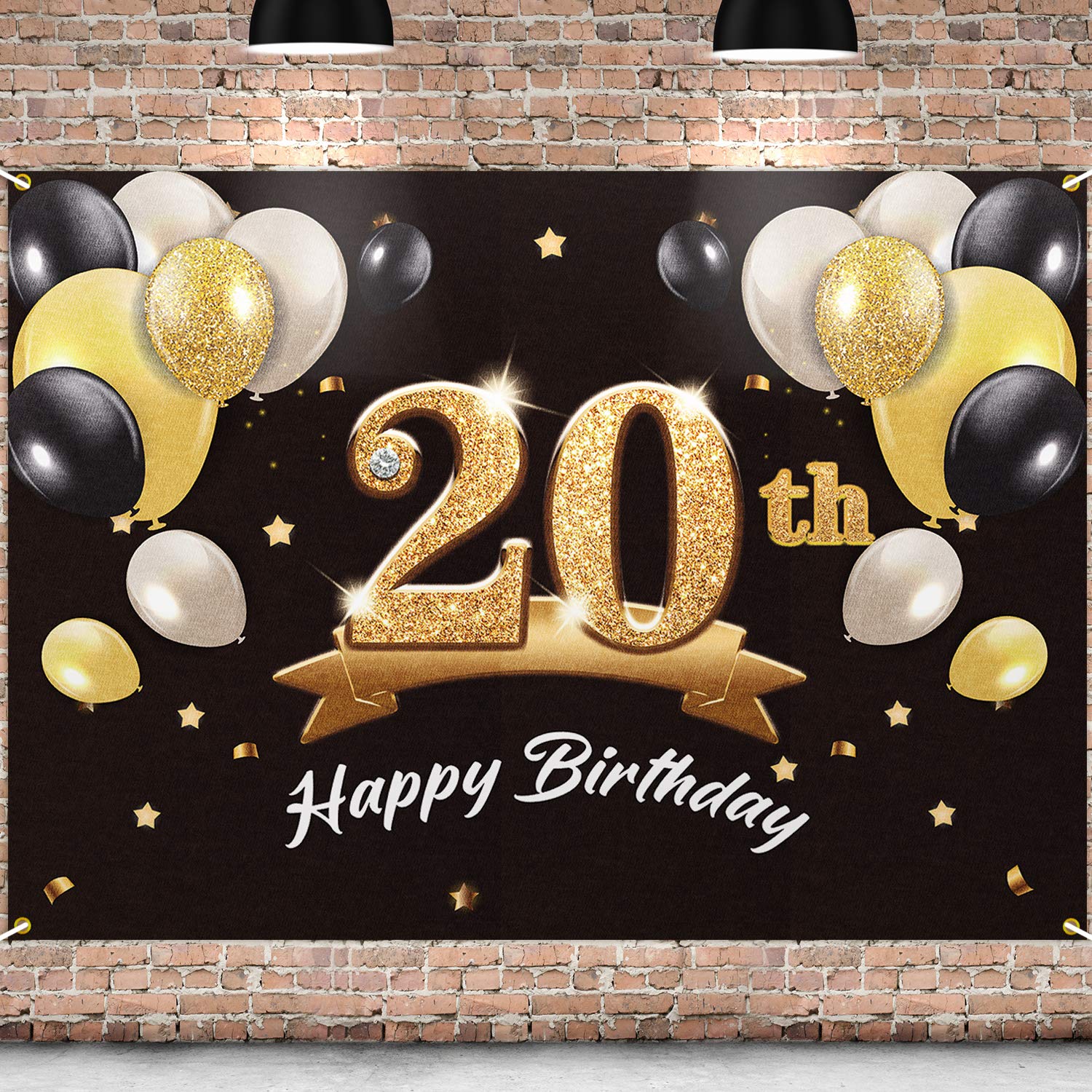 PAKBOOM Happy 20th Birthday Backdrop Black Gold Photo Background Banner 20 Birthday Decorations Party Supplies for Men