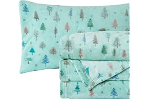 Elegant Comfort Luxuriously Soft 4-Piece Holiday Velvet Plush Flannel Sheet Set - Premium Quality - Cozy Warm, Christmas Fuzzy Velvet Flannel Fleece Deep Pocket Sheet Set - Queen, Mint Pine Trees