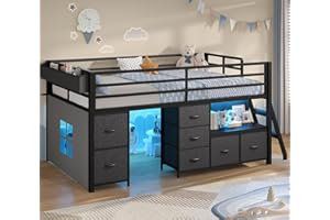 Low Loft Bed Twin Size with 7 Storage Drawers, Bookcase and LED Lights, Metal Kids Loft Bed with 14" H Safety Guardrail,Incli