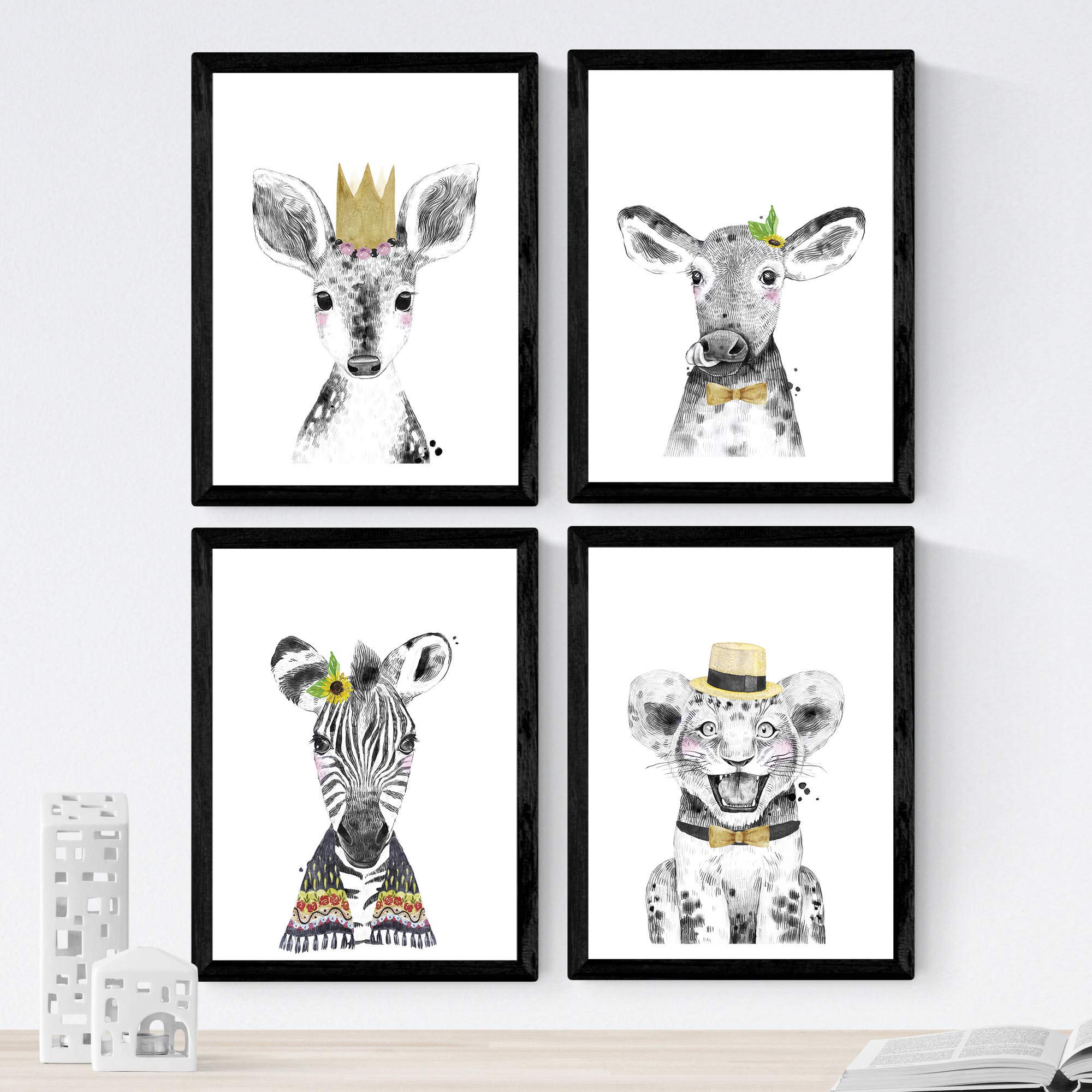 Nacnic Set of 4 sheets of Animals Children Golden Tones in A4 size, Poster paper 250 gr Frameless