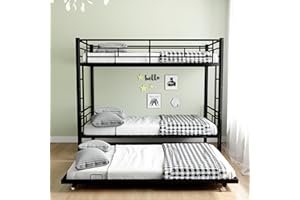 Miscoos Meta Twin Over Twin Bunk Bed with Trundle, Heavy-Duty Bunk Beds Frame with Safety Guardrail and Two-Side Ladders for Kids Teens, Noise Reduced//No Box Spring Needed, Black