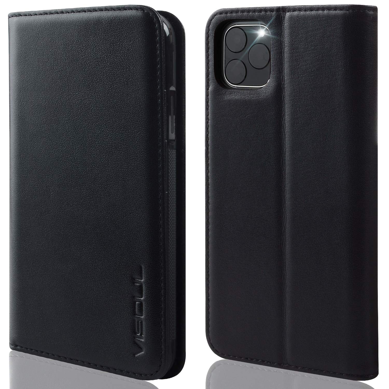 VISOUL Apple iPhone 11 Pro Max Wallet Case Genuine Leather Kickstand Magnetic Close RFID Blocking Cash Card Slots Flip Folio Shockproof Cover with TPU +PC Inner Shell-6.5" Black