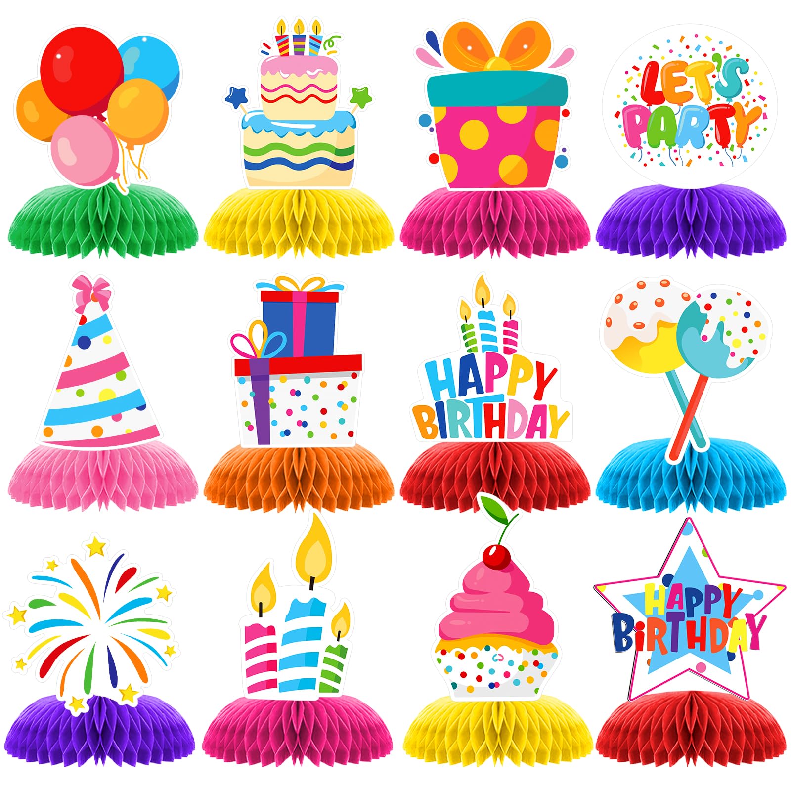 Photo 1 of 12 Pcs Happy Birthday Party Decorations, Colorful Happy Birthday Decorations, Table Honeycomb Centerpieces Decor Table for Party Supplies for Women Men The Kids' Boys Girls