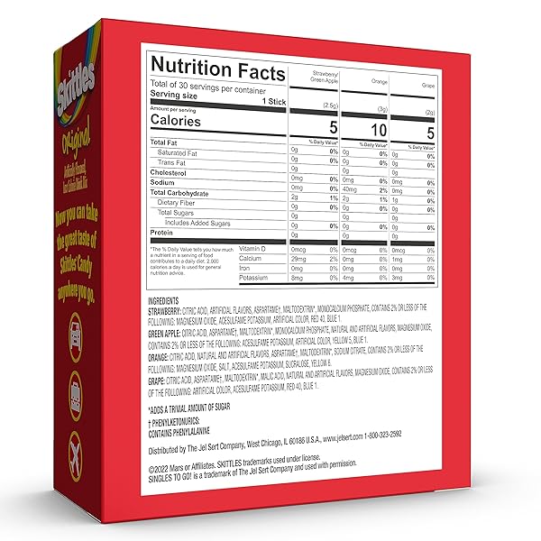 SKITTLES SINGLES TO GO VARIETY PACK, POWDERED DRINK MIX, ZERO SUGAR, LOW CALORIE, INCLUDES 4 FLAVORS: GREEN APPLE, STRAWBERRY, GRAPE, ORANGE, 1 BOX (30 SINGLE SERVINGS)