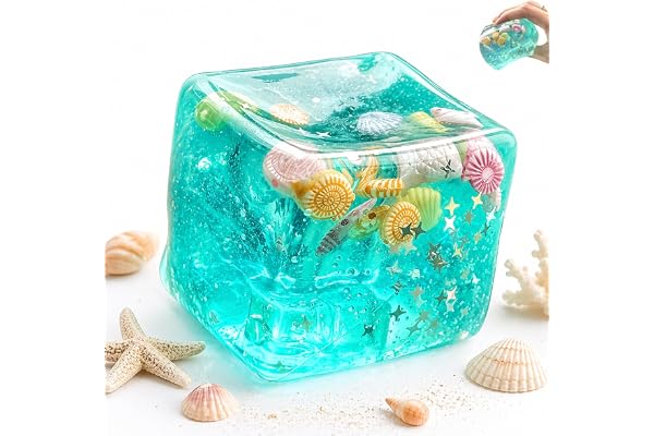 Ocean Squishy Cube Fidget Toys with Marine Shells, Slow Rise Ice Cube Squishy Sensory Toys, Soft Squeeze Stress Relief Cubes,