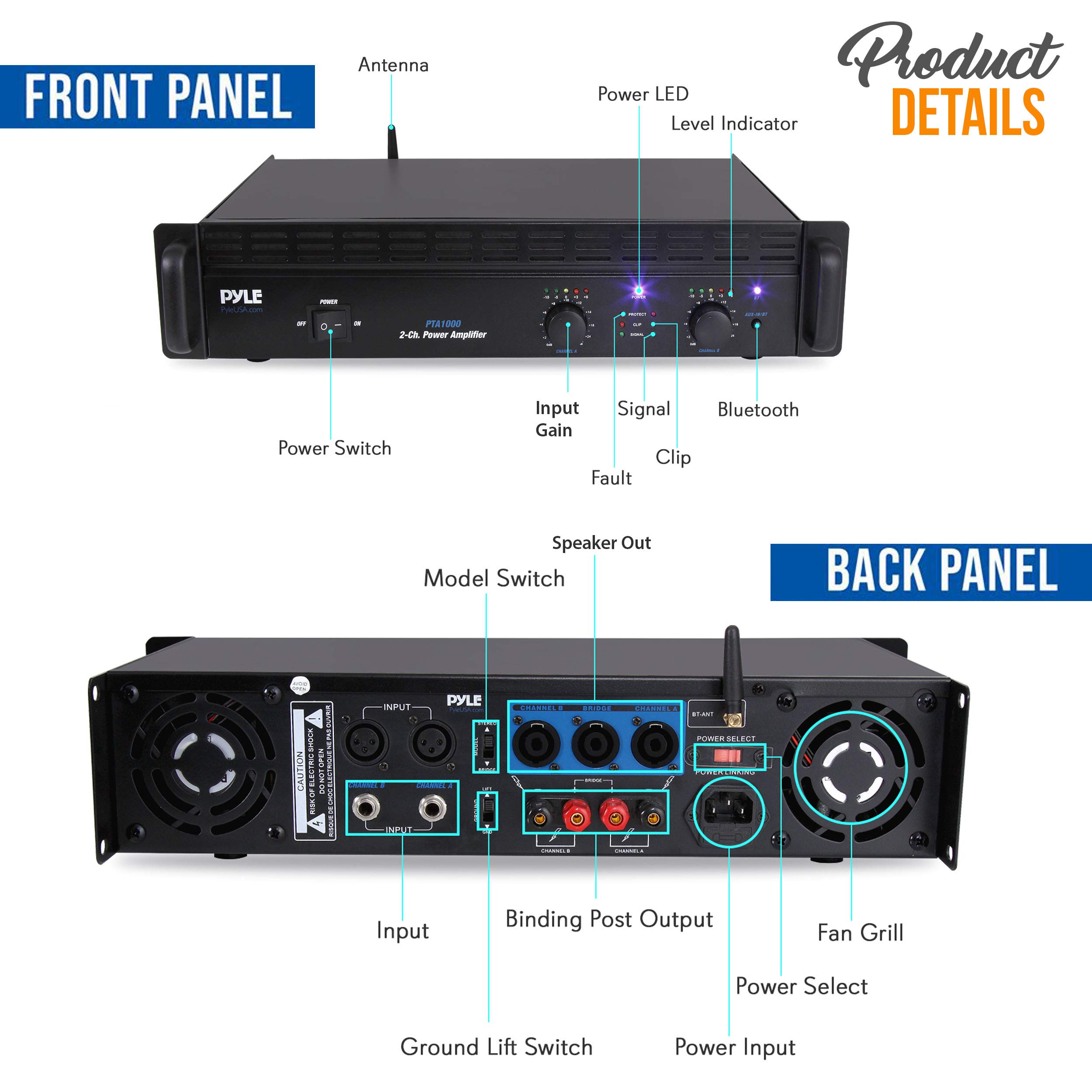 Pyle Professional Audio Bluetooth Power Amplifier - 2-Channel Rack Mount Bridgeable, LED Indicators, Shockproof Binding Posts, Cooling Fans 1000 Watt - PTA1000