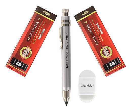 Koh-I-Noor 5359 Metall Druckbleistift 5,6 mm Silber + 2 Set Koh I Noor Graphitmine 4B + intervisio Anspitzer / Radiergummi - 