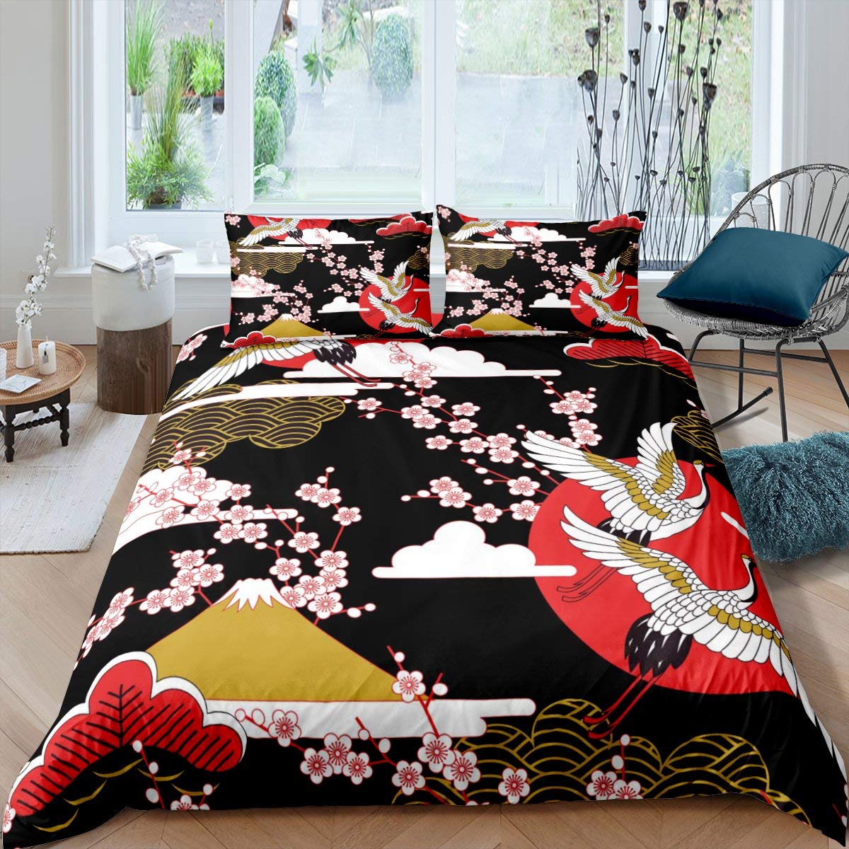Crane Duvet Cover Single Size Girls Japanese-Style Bedding Set Girly Cherry Blossoms Pattern Teens Women Comforter Cover Soft Japanese Traditional Pattern Decor Comforter Set with Zipper Ties