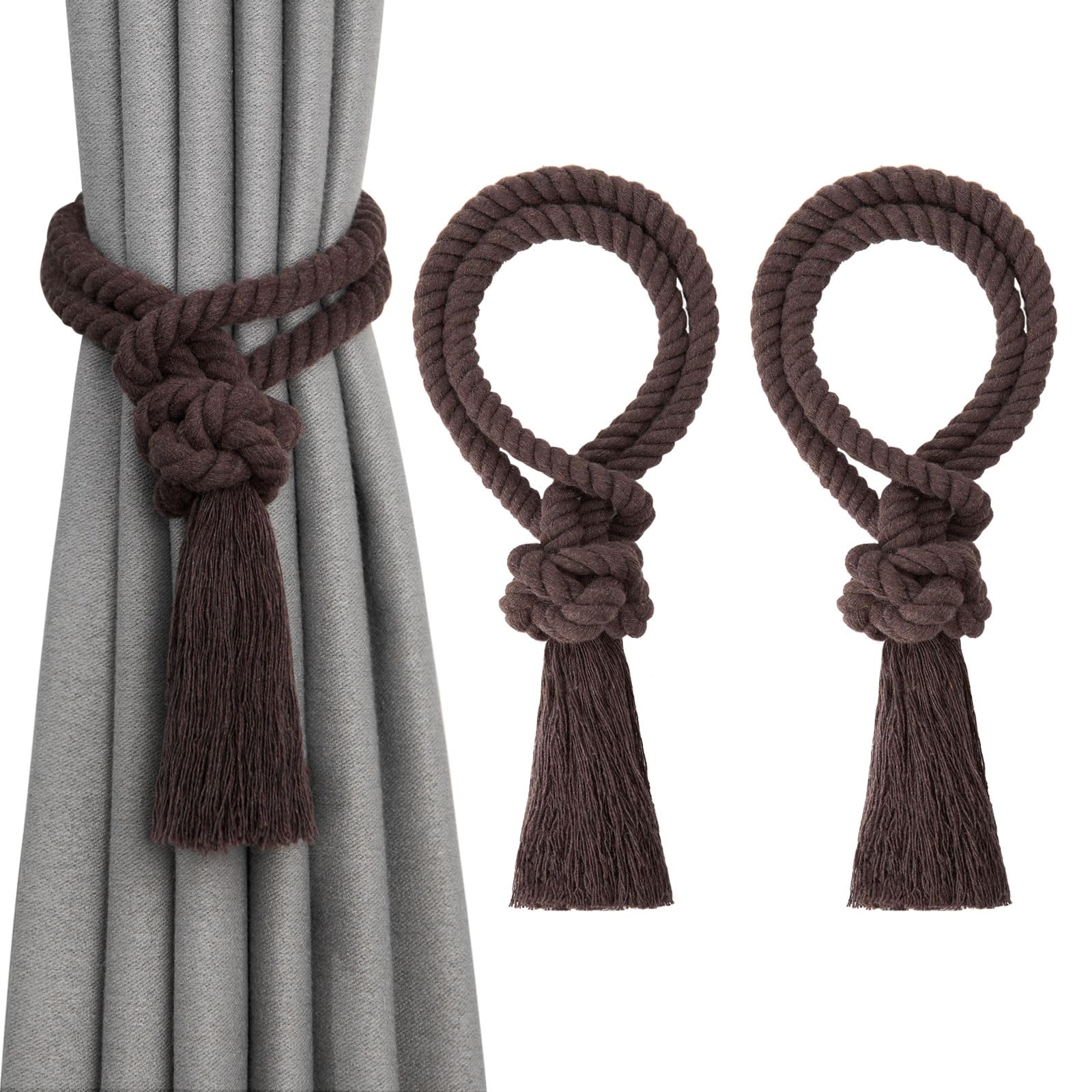Pretty Jolly 2 Pack Natural Cotton Rope Tassel Curtain Tiebacks Boho Home Decor Drape Tie Backs Hand Woven Ball Curtain Holdbacks for Thin & Thick Home & Office Window Draperies (Coffee)