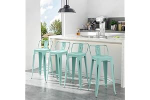 Apeaka 30 inch Metal Bar Stools Set of 4 Bar Height Stools with Backs Industrial Low Back Bar Chairs for Indoor Outdoor Distressed Green-Blue