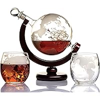 Whiskey Globe Decanter Set Etched World Globe Decanter for Liquor, Bourbon, Vodka with 2 Glasses in Premium Gift-Box…