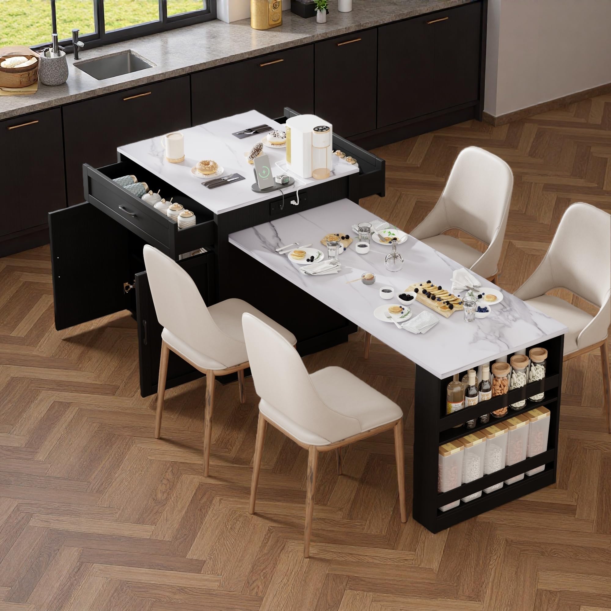 Photo 1 of *Box 1/2 ONLY* Trygoal 82.7"-56" Kitchen Island with Extendable Dining Table, Faux Mable Kitchen Cart with Power Outlet, Double-Sized Storage, Rolling Kitchen Table with Storage 2 Drawers 2 Side Open Shelves, Black