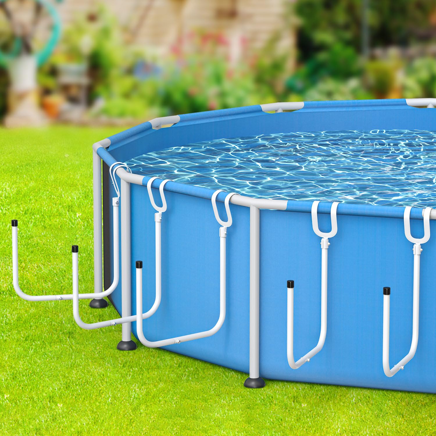 Photo 1 of MONMEE 5 Pack Solar Pool Cover Holder, Adjustable Solar Cover Hooks Keep Solar Cover Off The Ground, L-Shape Iron Tube Set, Fits Framed Above Ground Pools (White)